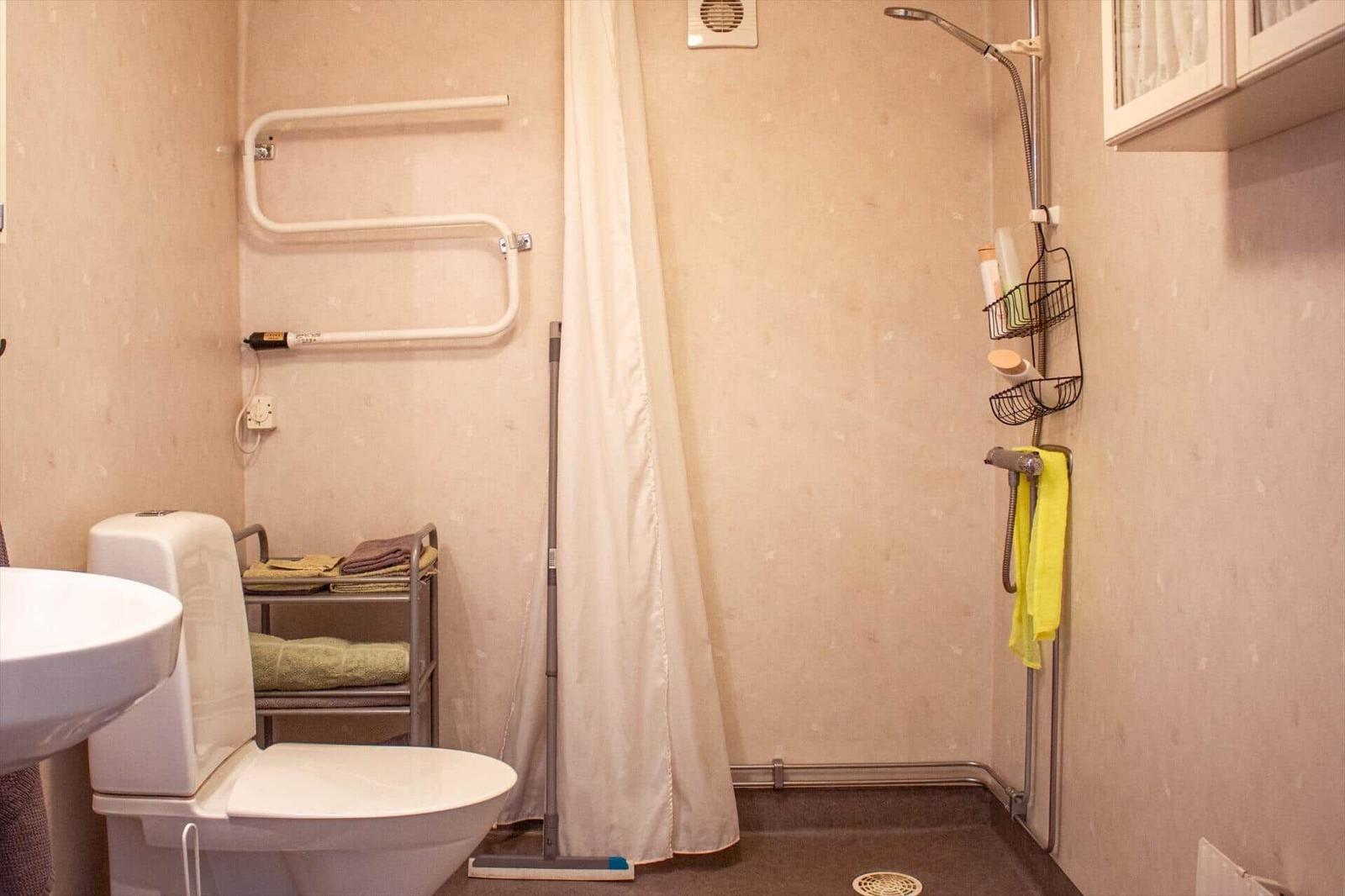 Bad mit Dusche, WC und Waschbecken. Handtuchhalter und Duschbrause sichtbar.