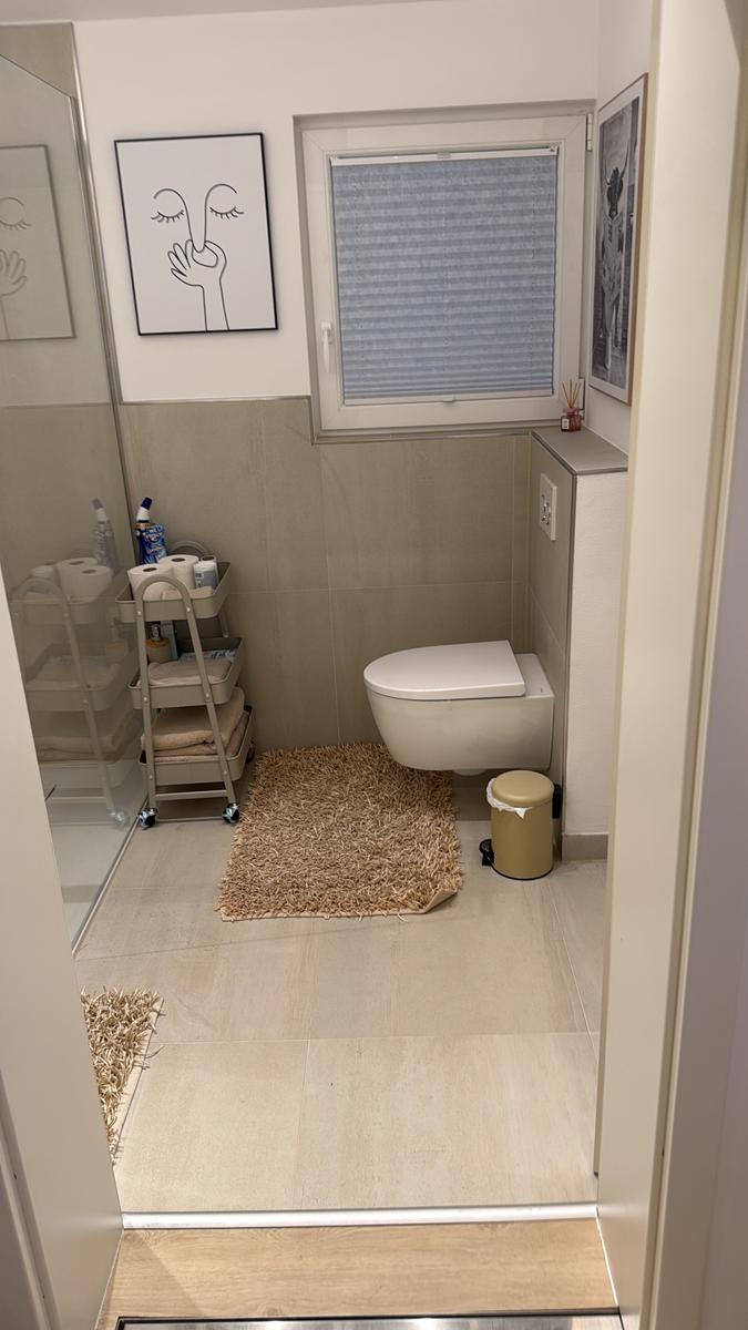 Badezimmer mit Toilette, Fenster und Duschbereich. Fliesenboden und Teppich.