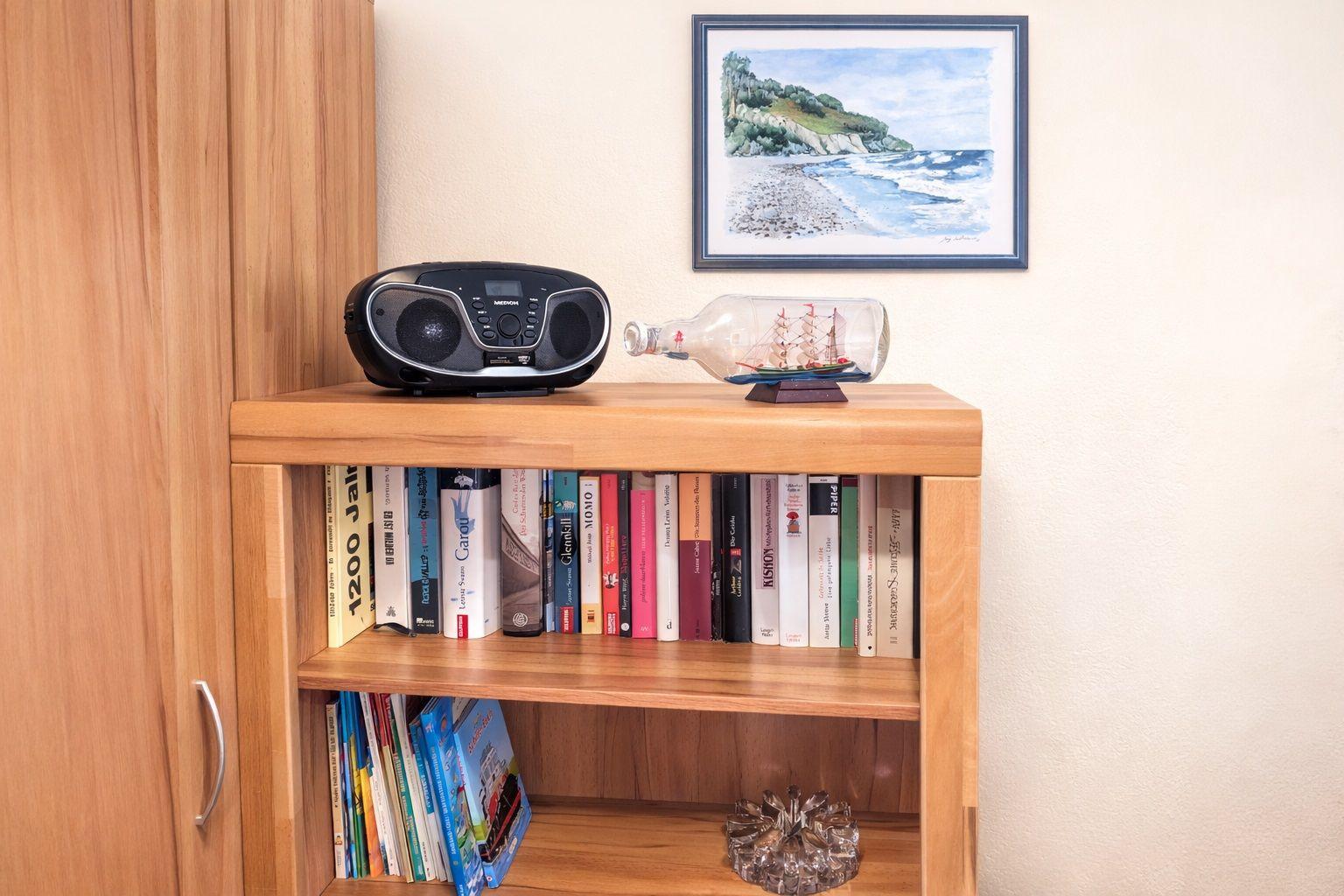 Holzregal mit Büchern, Radio und Flaschenboot. Wandbild zeigt Küstenlandschaft.