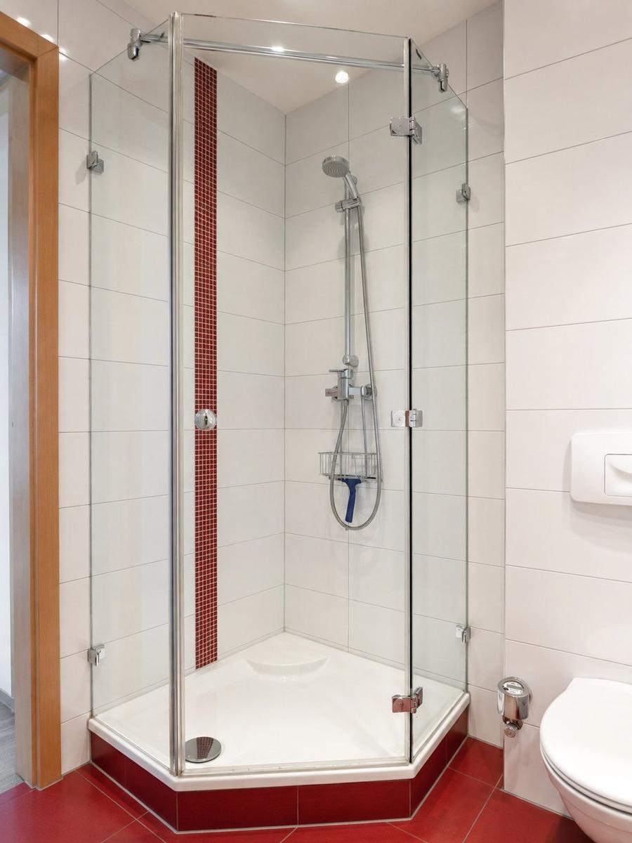 Shower cabin with glass enclosure, red tile accent, and handheld shower.