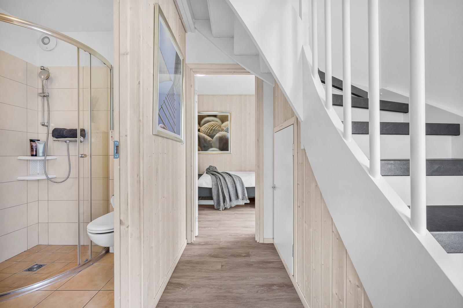 Flur mit Dusche, Schlafzimmer und Treppe
