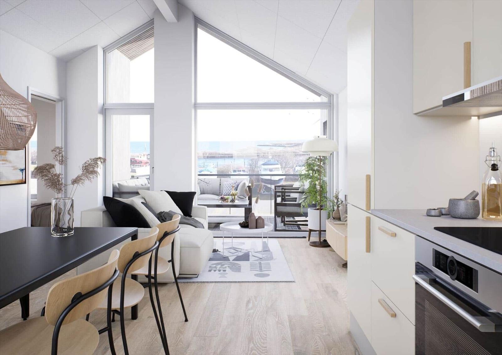 Wohnküche mit Blick auf Hafen. Moderne Einrichtung und helles Holzfußboden.