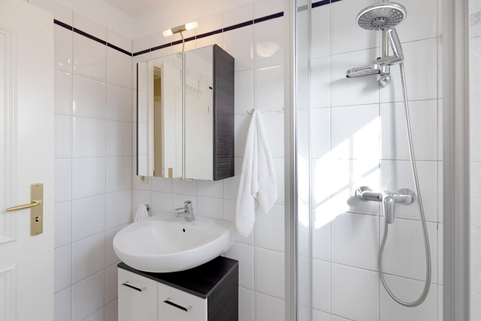 Badezimmer mit Dusche, Waschbecken und Spiegelschrank.