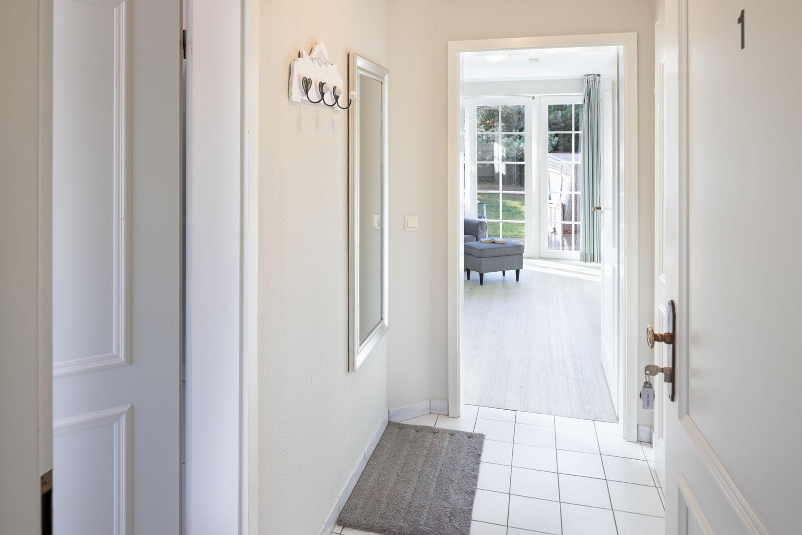 Hallway with mirror and rug, view into living area with windows.