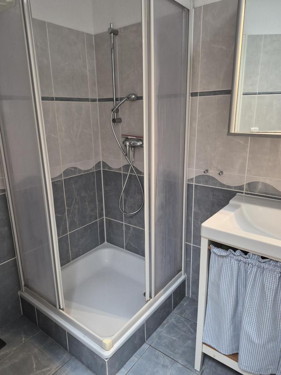 Dusche mit Duschbrause und Waschbecken mit Spiegel.