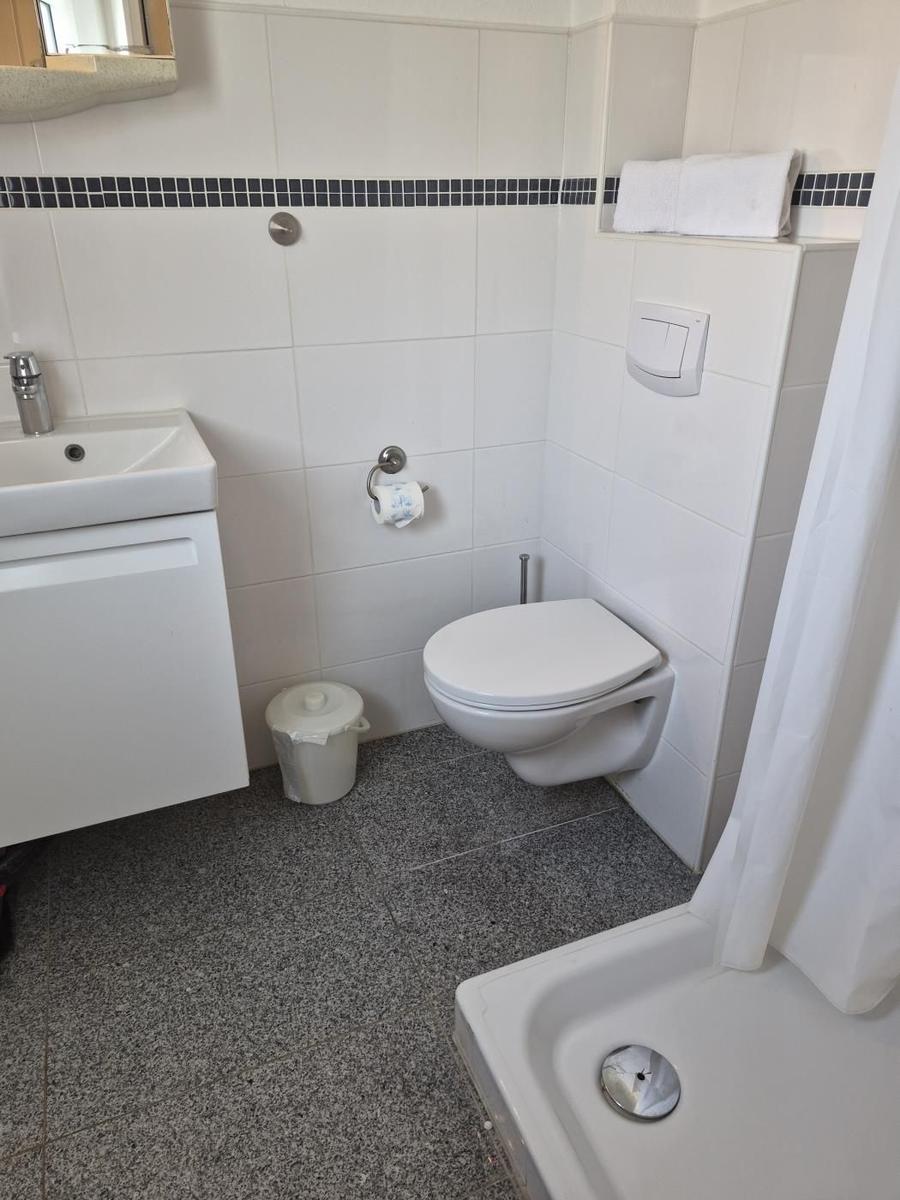 Badezimmer mit WC, Waschbecken und Dusche. Weiße Fliesen und grauer Boden.