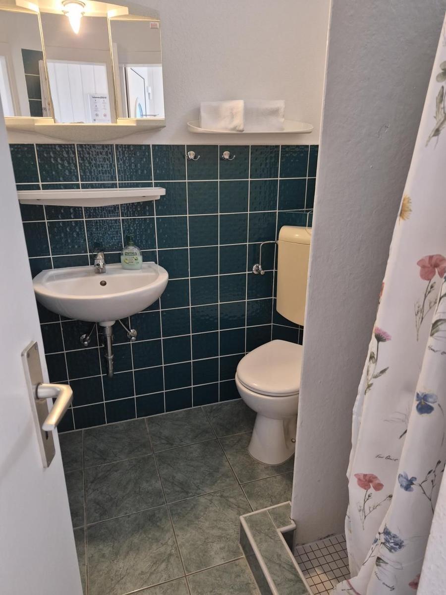 Badezimmer mit Waschbecken, Toilette und Dusche mit Blumenvorhang.
