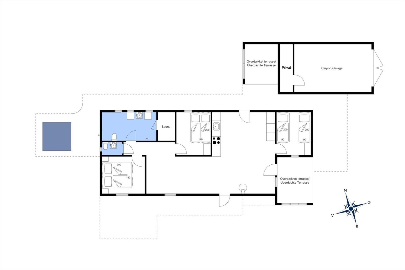 Wohnung mit Sauna, drei Schlafzimmern und zwei überdachten Terrassen sowie Carport.
