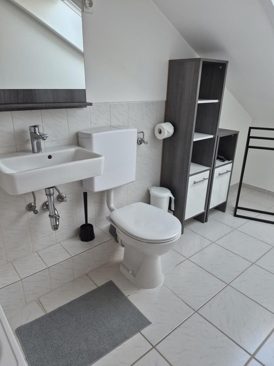 Bathroom with sink, toilet, and wooden shelf on the wall.