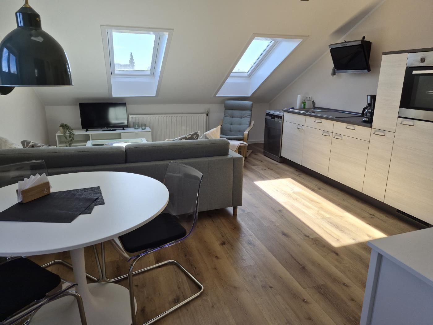 Living kitchen with sloped ceilings, two skylights, sofa, dining table, and kitchen cabinets.