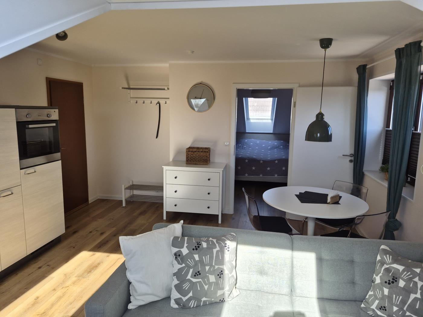 Apartment with bedroom, kitchen, and dining area. A sofa, table, and cabinet are visible.