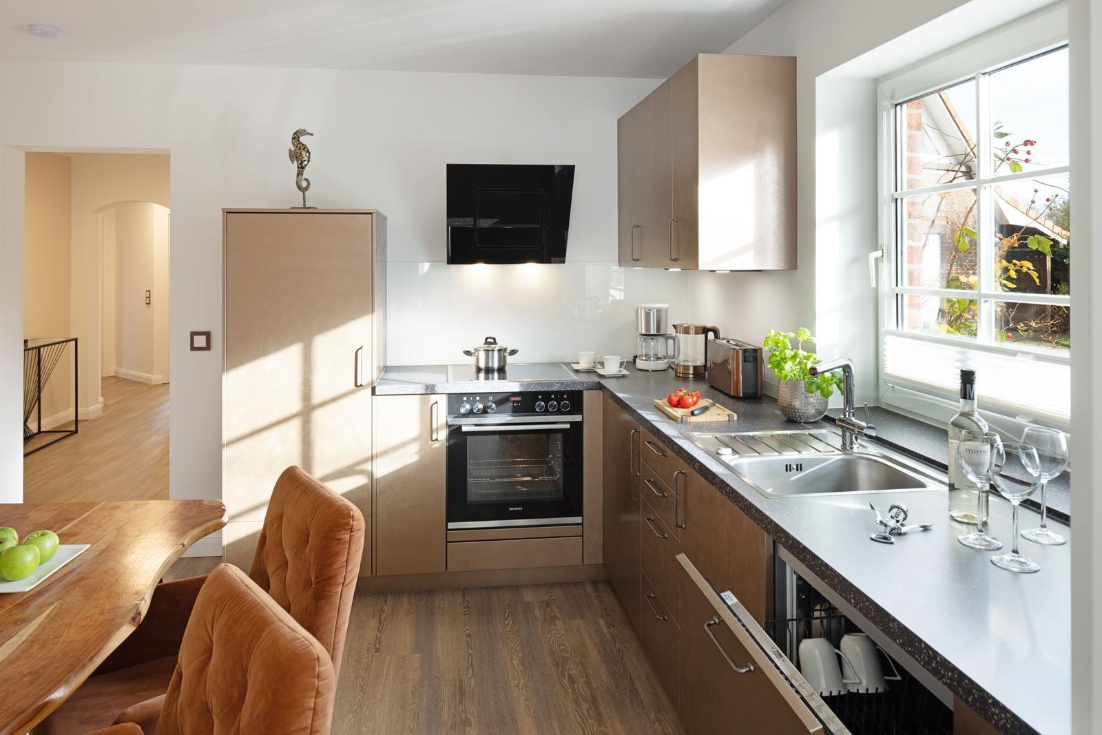 Moderne Küche mit Arbeitsfläche, Spüle, Dunstabzug und integriertem Backofen.