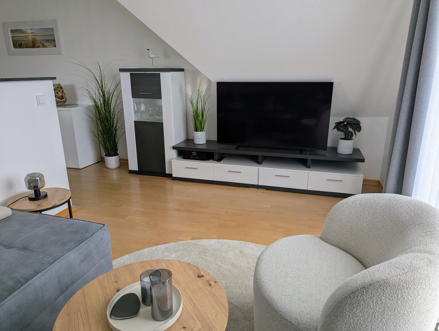 Wohnzimmer mit Fernseher, Sitzgelegenheiten und Pflanzen. Holzboden und helles Ambiente.