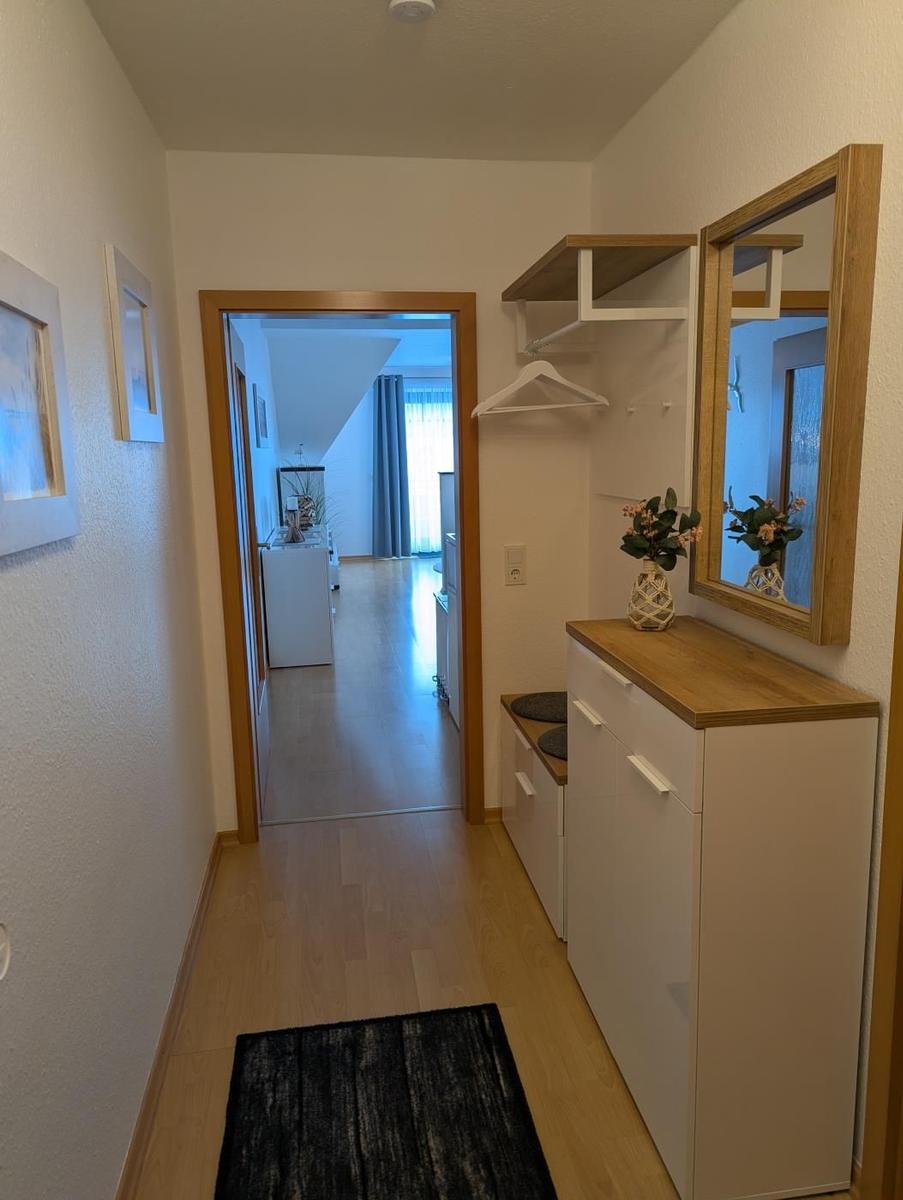 Flur mit Schuhschrank, Spiegel und Blick in Wohnbereich.