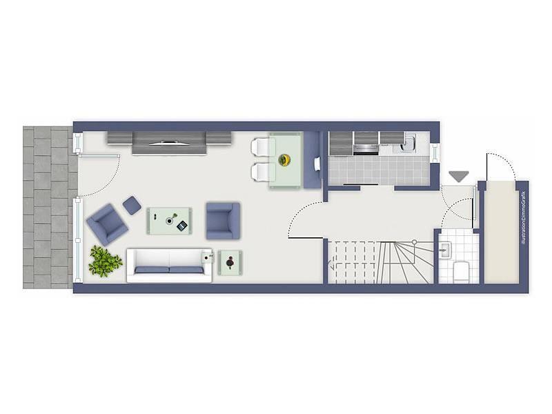 Wohnung mit Wohnzimmer, Küche und Bad. Treppenhaus zur Unterkunft.