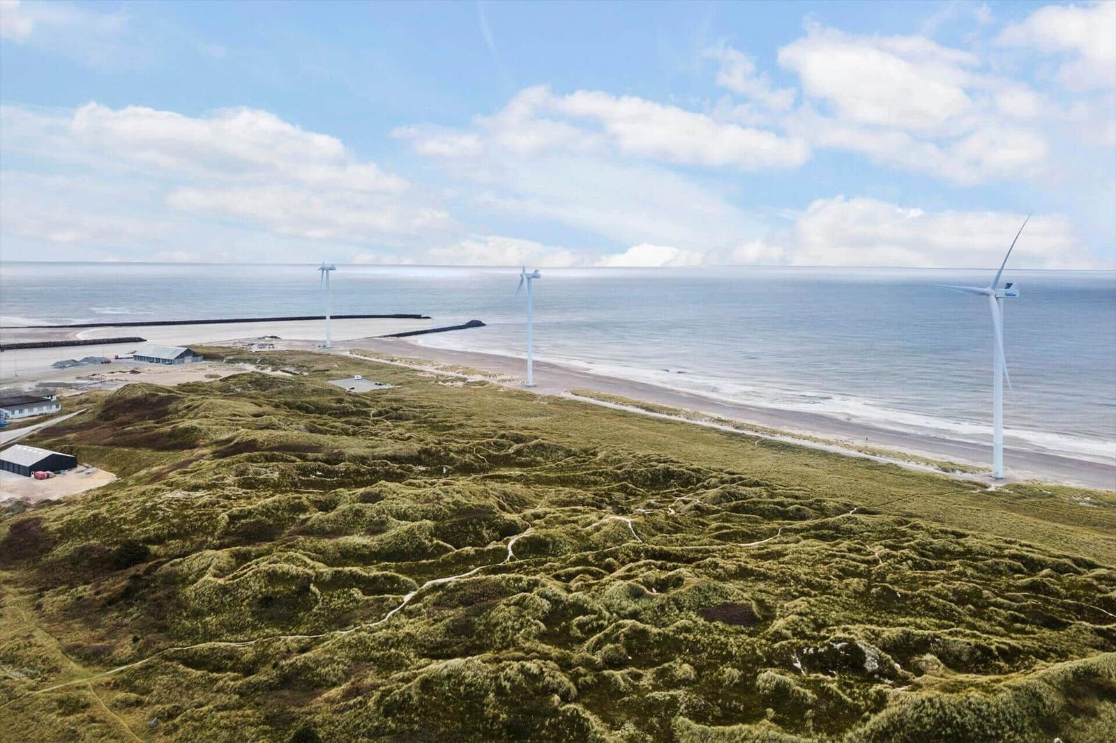Coastline with wind turbines and green dunes in the background.