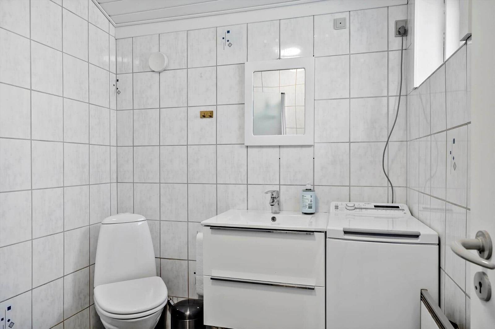Badezimmer mit Toilette, Waschbecken und Waschmaschine.