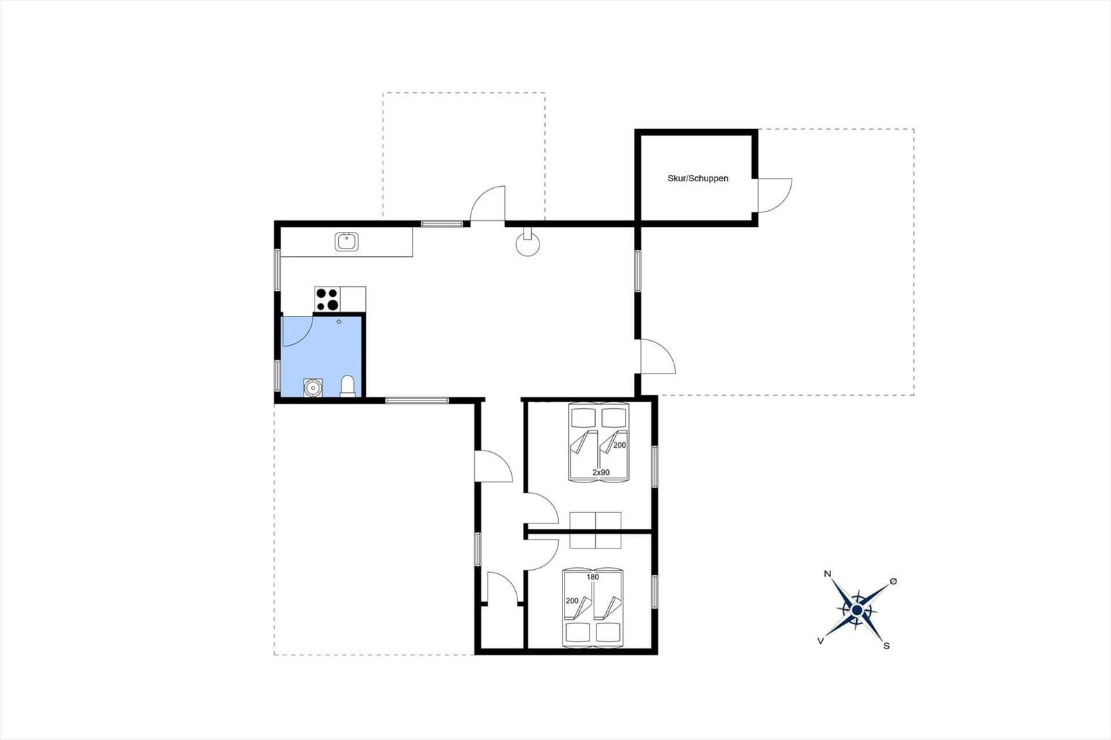 Dieses Grundrissbild zeigt eine Wohnung mit Küche, zwei Schlafzimmern und einem Schuppen.