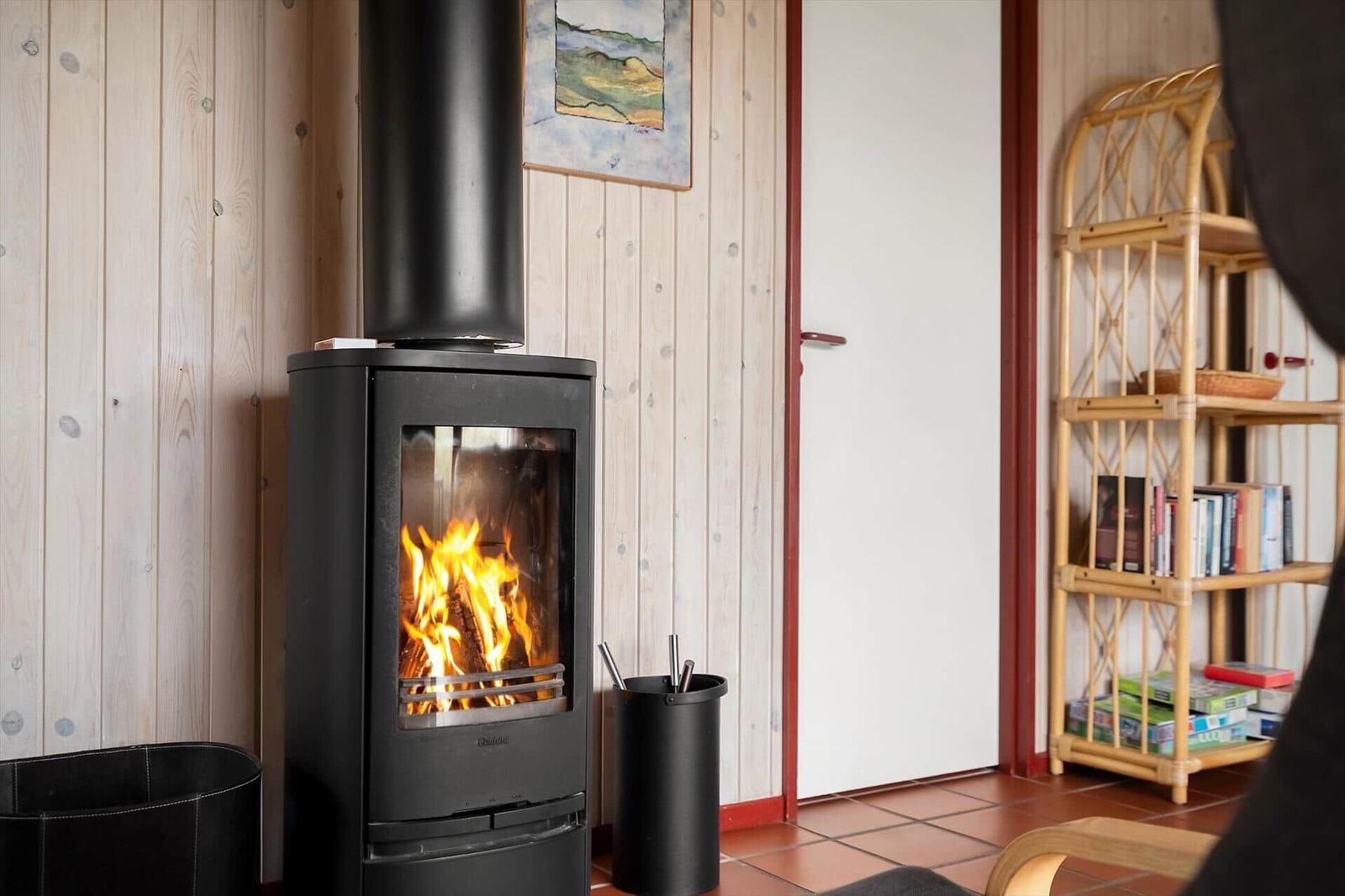 Kaminofen mit brennendem Holz, Bücherregal und Holzwand im Raum.