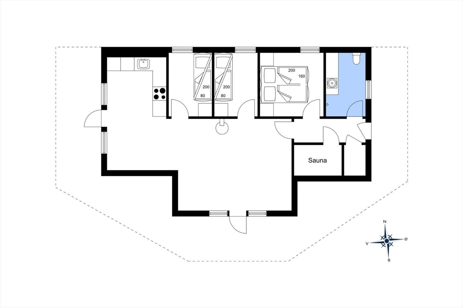 Wohnung mit Küche, zwei Schlafzimmern, Bad und Sauna. Raumübersicht mit Maßen.