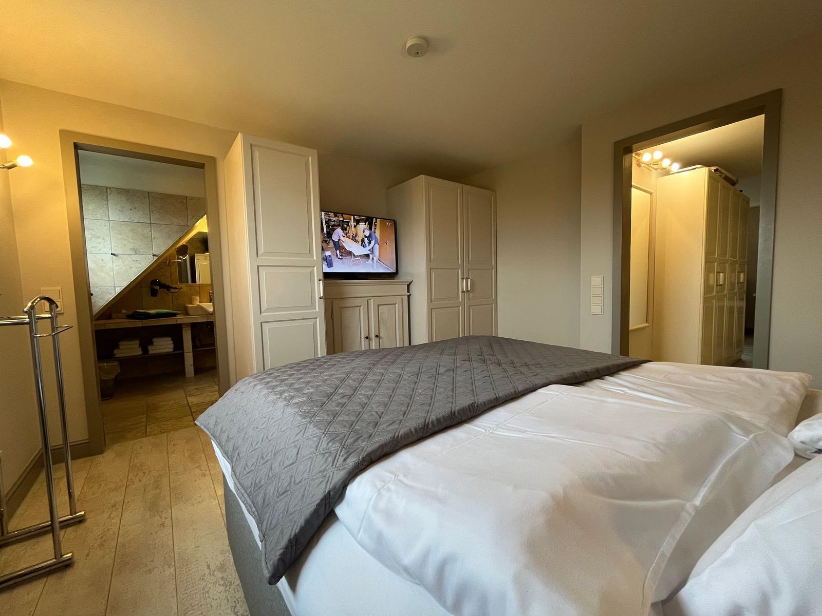 Bedroom with bed, TV, and view into bathroom and closet.