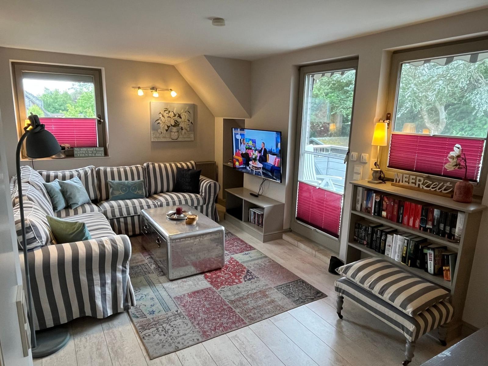 Living room with sofa, TV, and bookshelf. Windows with red blinds.