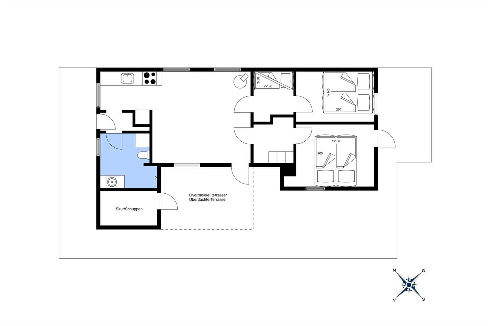 Dieses Haus hat drei Schlafzimmer, eine Küche, eine Bad und eine überdachte Terrasse.