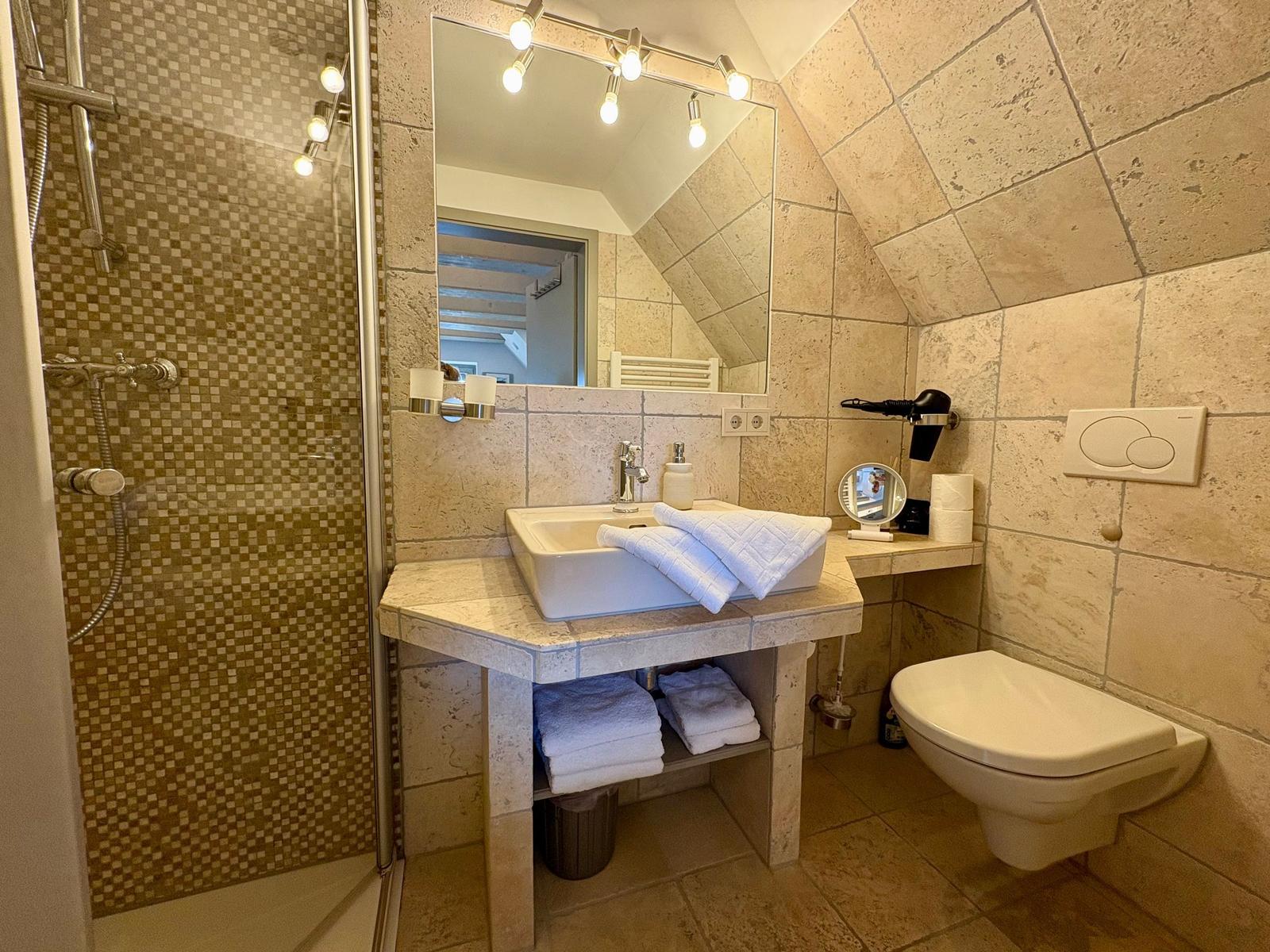 Bathroom with shower, sink, and toilet. Walls and floor are covered with stone tiles.