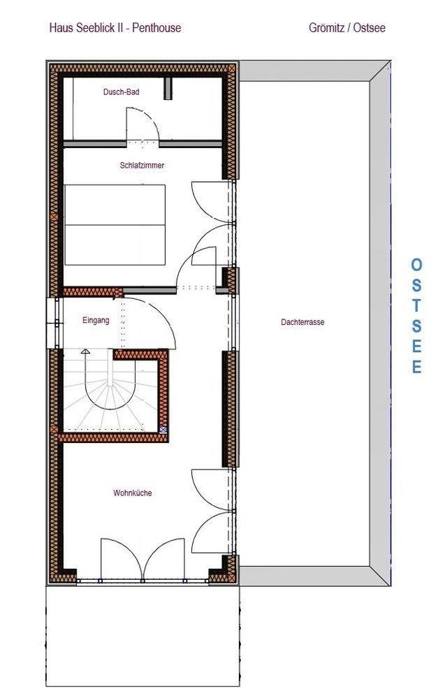 Penthouse-Plan mit Schlafzimmer, Duschbad, Wohnküche und Dachterrasse an Ostsee