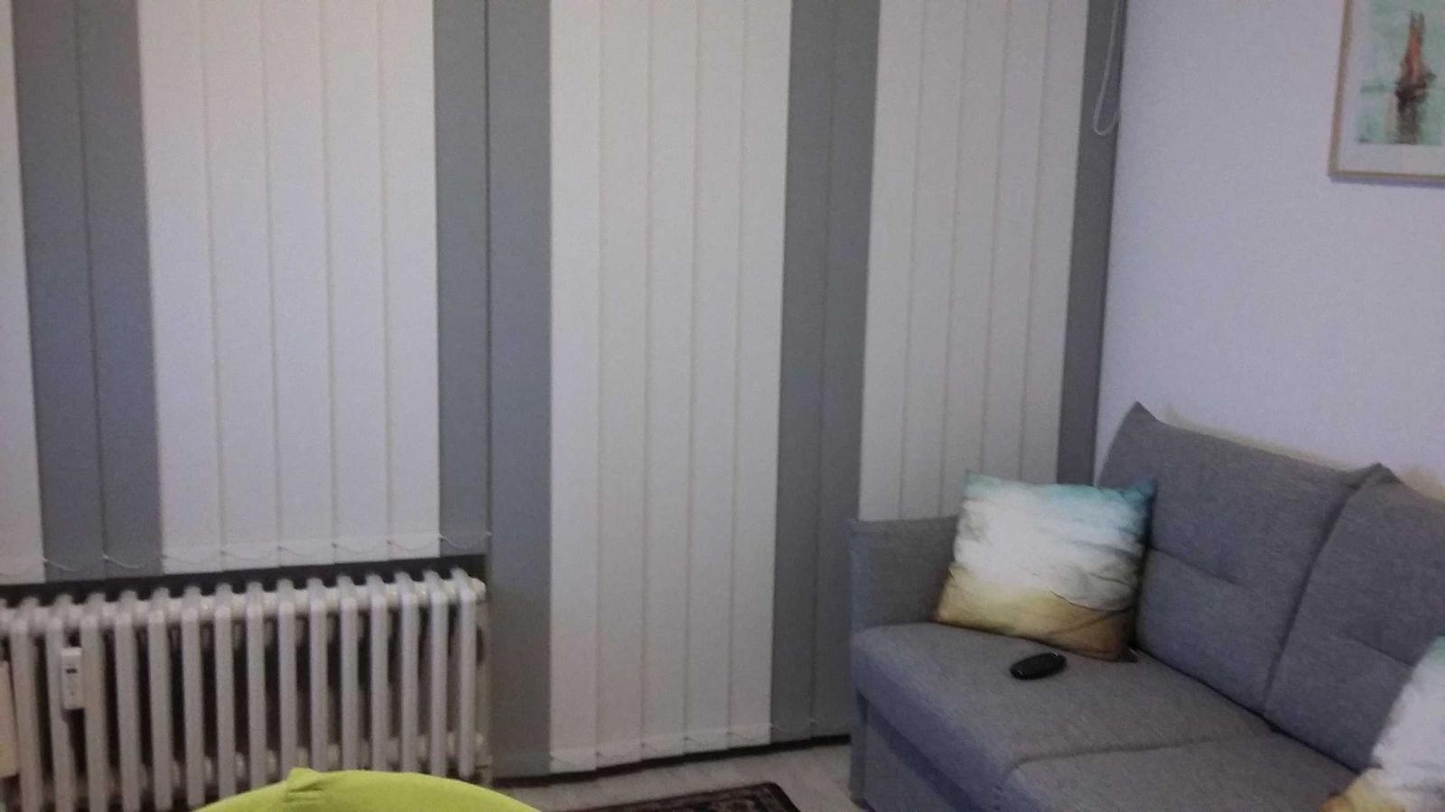 Living Room with Gray Sofa and Radiator