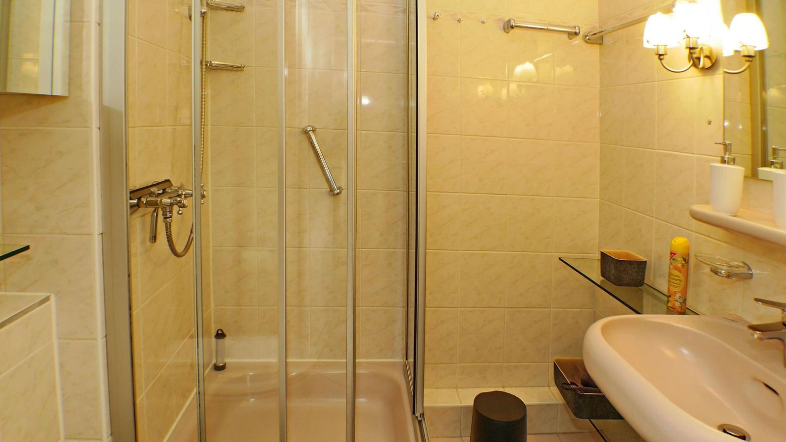 Bathroom with shower, sink, and mirror