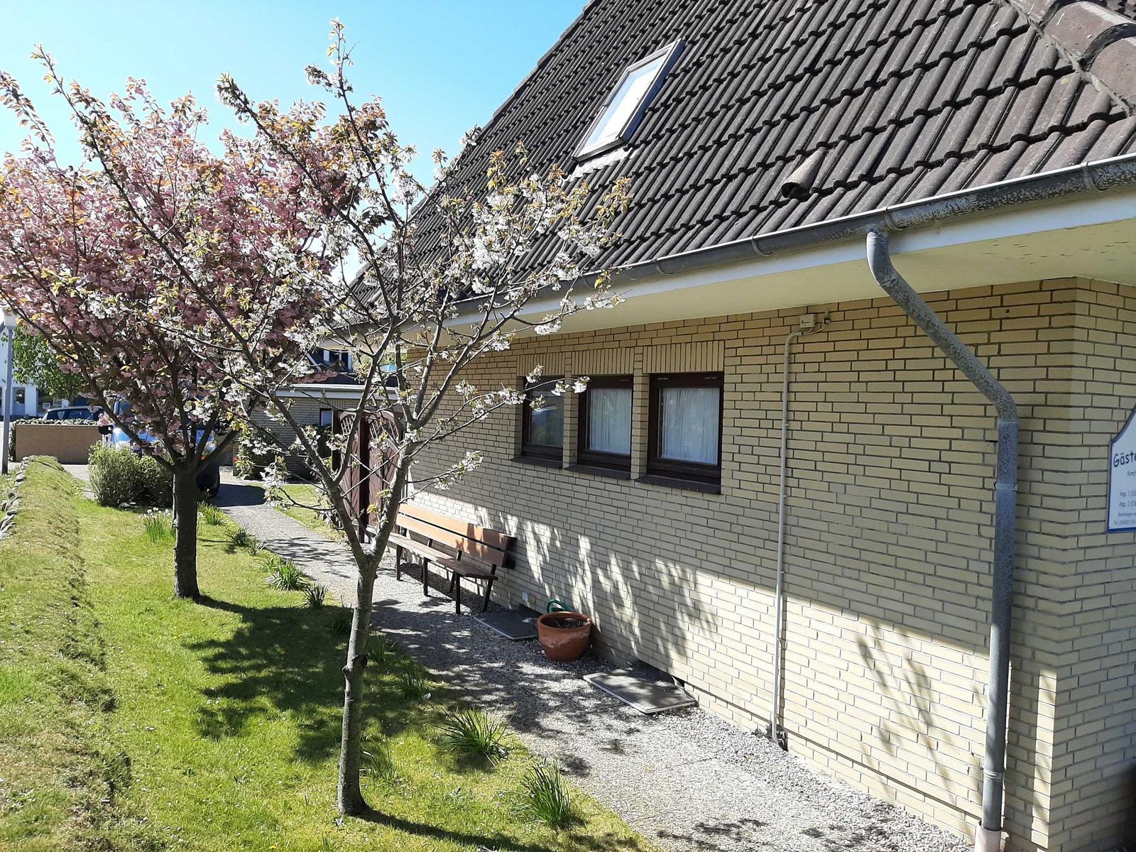 Haus mit Steinmauer, Balkon, Blumen und Bäumen im Vorgarten.