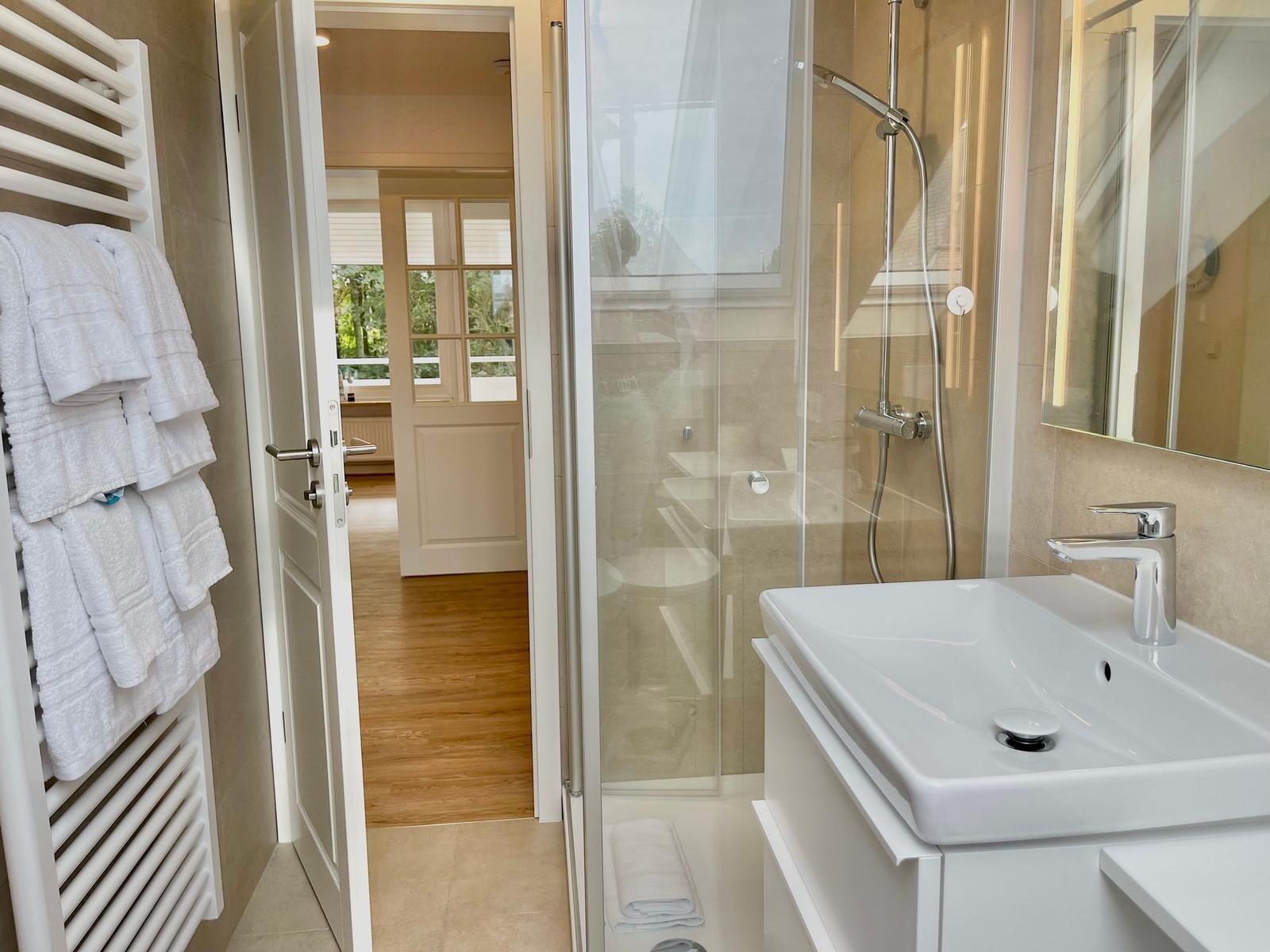 Modernes Badezimmer mit Dusche und Waschbecken