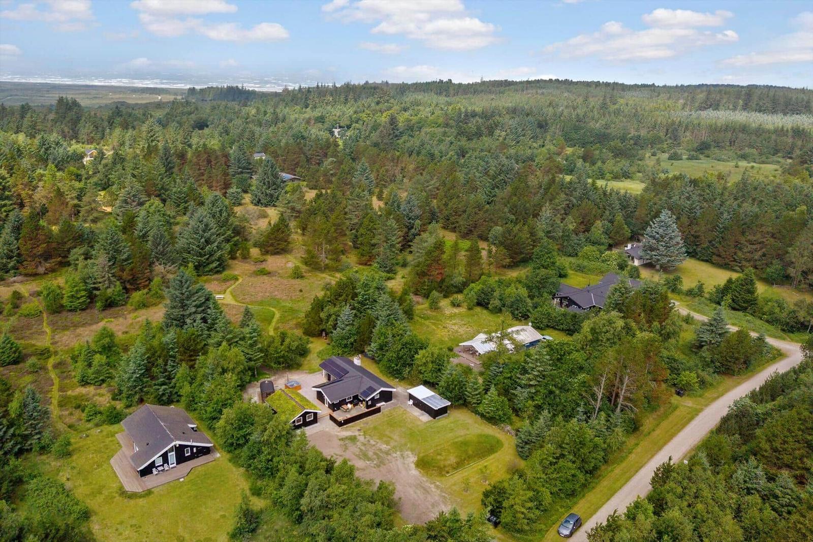 Haus mit grünem Dach in Wald, Blick auf Meer