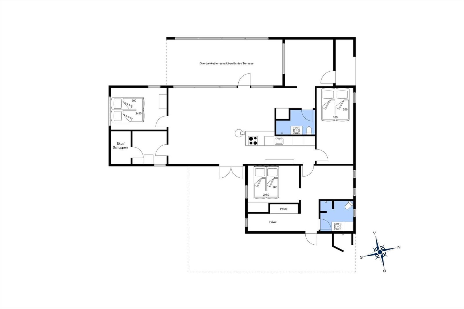 Funktionaler Grundriss mit drei Schlafzimmern, Küche und überdachter Terrasse.