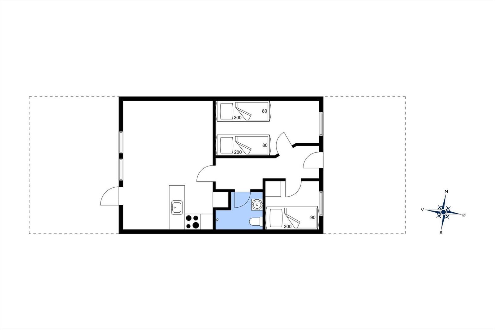 Zwei Schlafzimmer, eine Küche und ein Bad sind im Grundriss dargestellt.