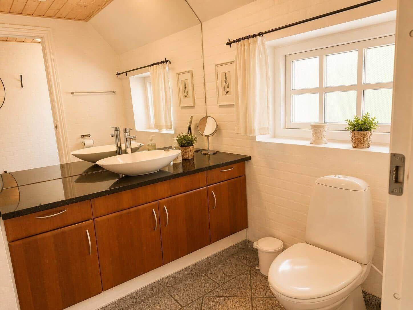 Badezimmer mit Waschtisch, Spiegel und Toilette. Fenster mit Pflanze und Vorhang.