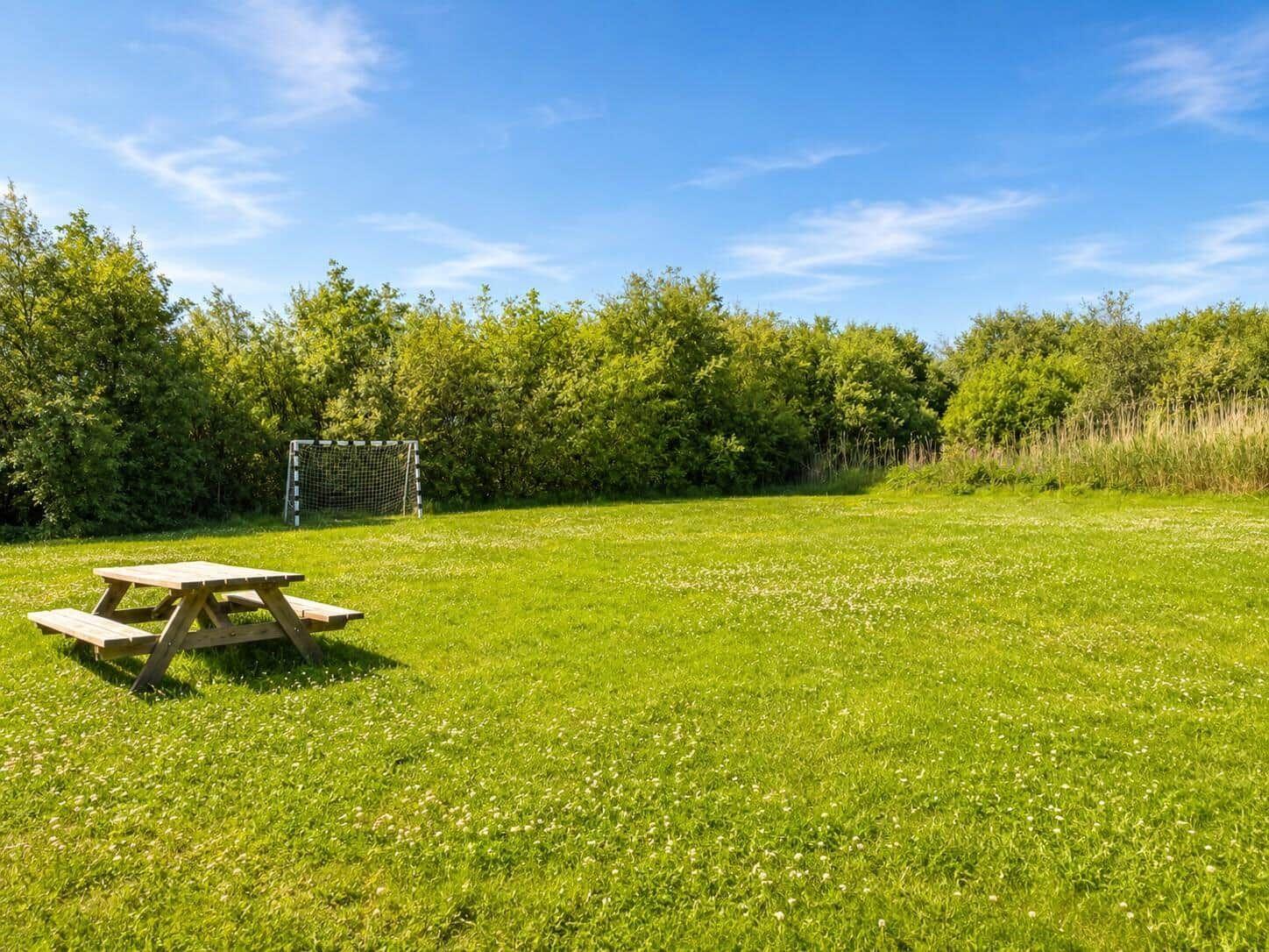 Grüner Rasenplatz mit Picknicktisch und Fußballtor hinter Bäumen.