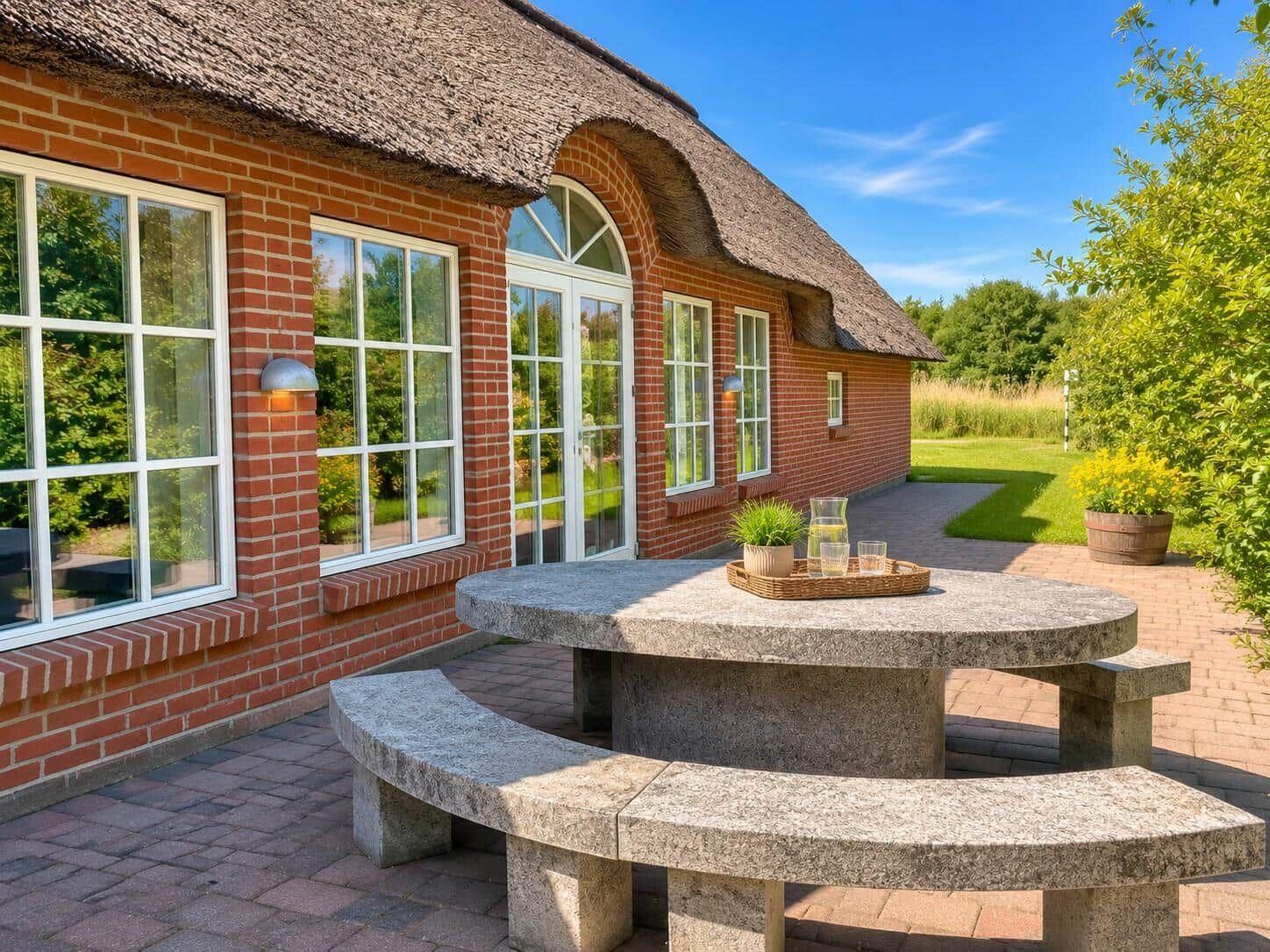 Steinerne Terrasse mit Tisch und Bänken vor einem Haus mit Schieferdach und großen Fenstern.