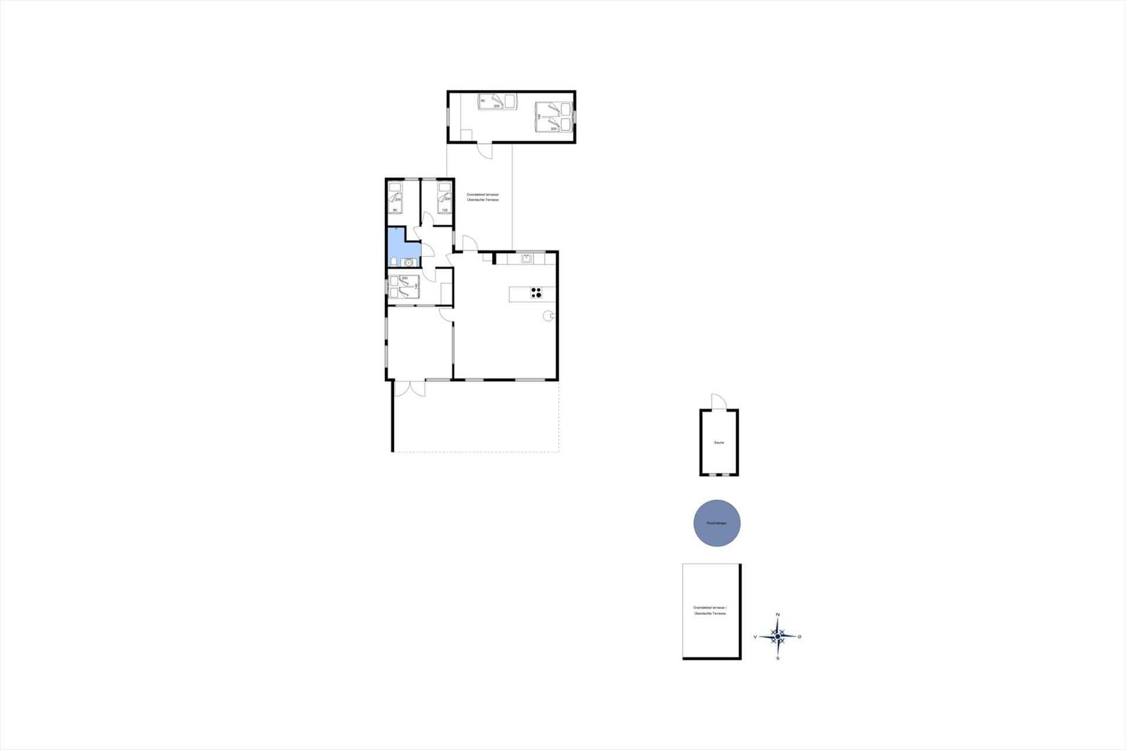 Wohnung mit Küche, Bad und Schlafzimmer. Außenbereich mit Pool und Terrasse.