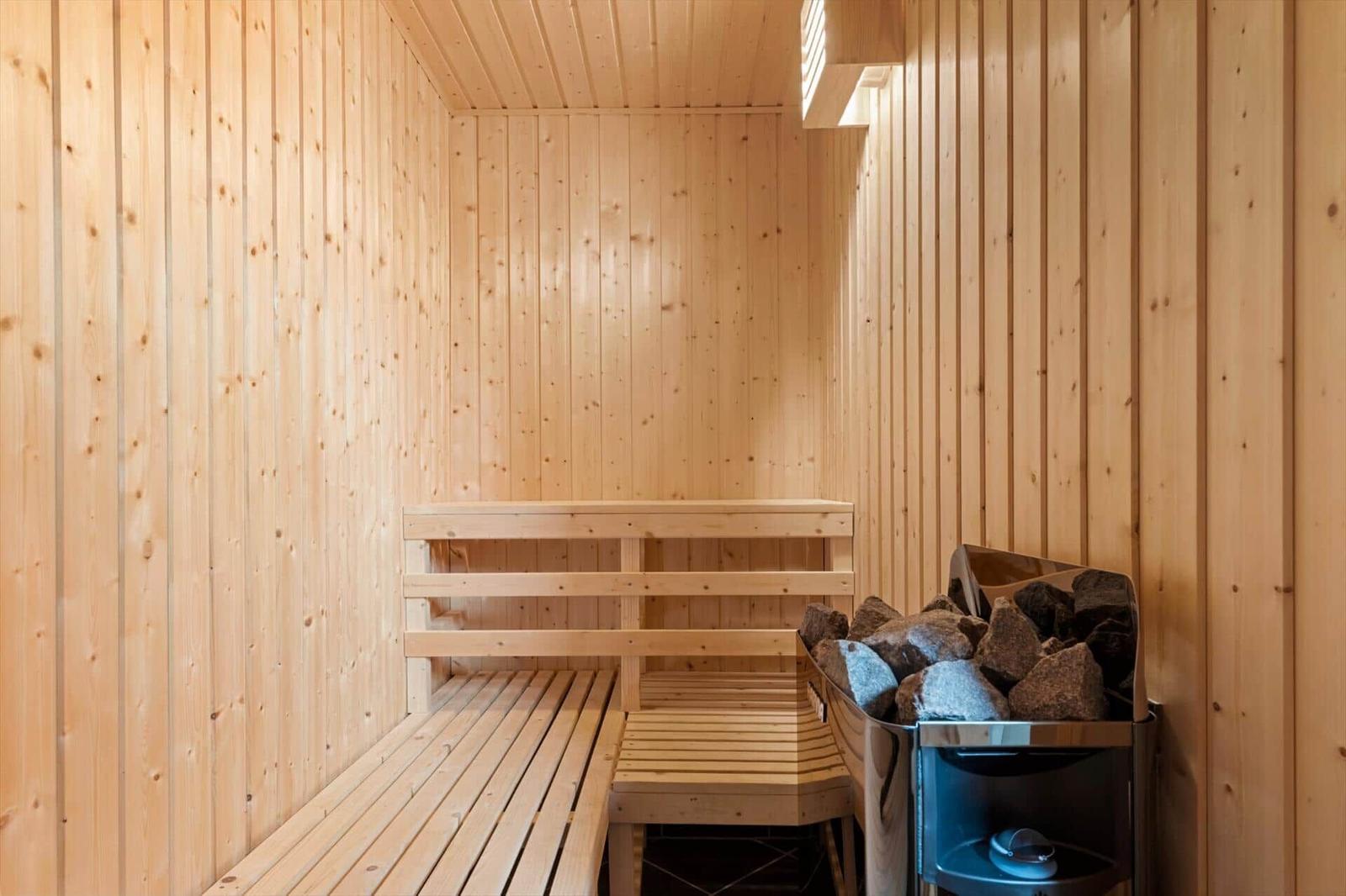 Sauna mit Holzwandverkleidung, Sitzbänken und Steinbehälter.