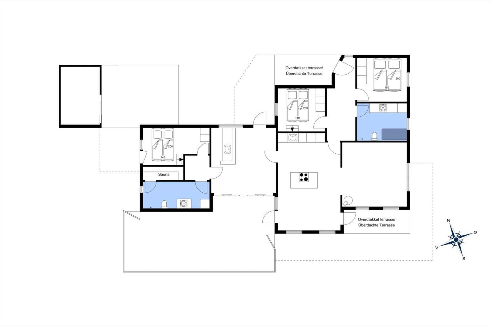 Wohnung mit Sauna, zwei Schlafzimmern und überdachten Terrassen.