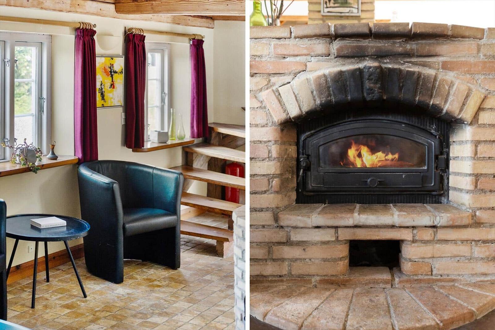 Zimmer mit Sitzgelegenheit und Fenster. Kamin mit brennendem Feuer in Steinmauer.