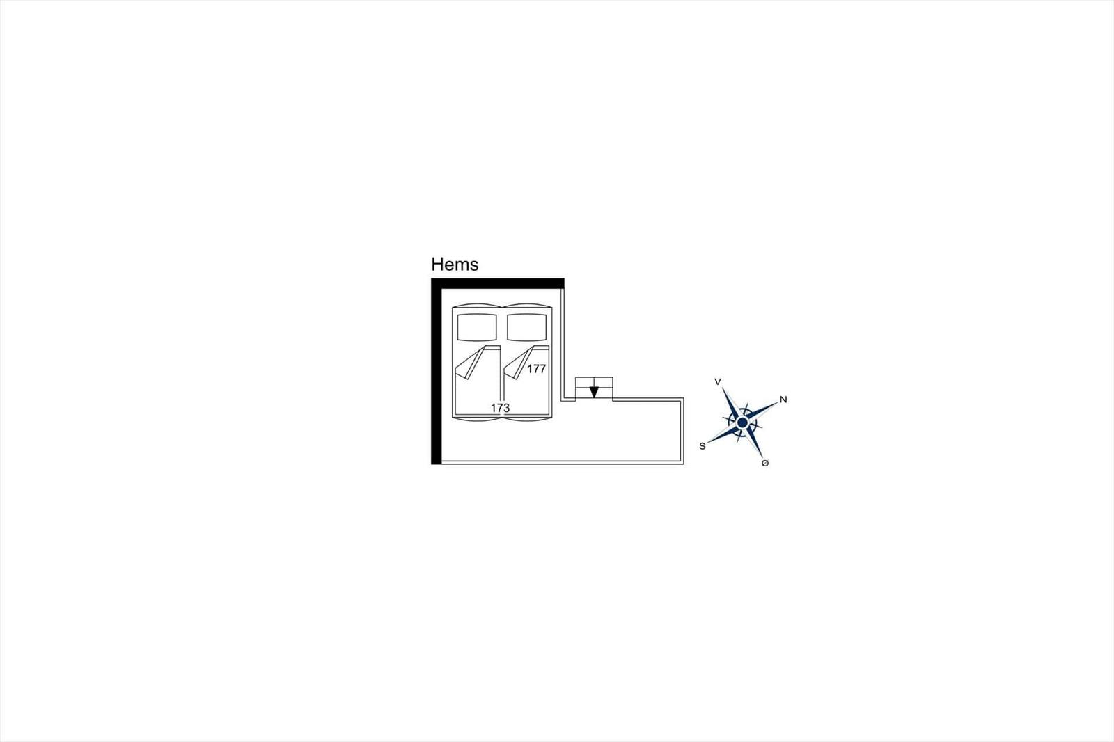 Hems: Grundriss mit zwei Schlafzimmern und Kompass
