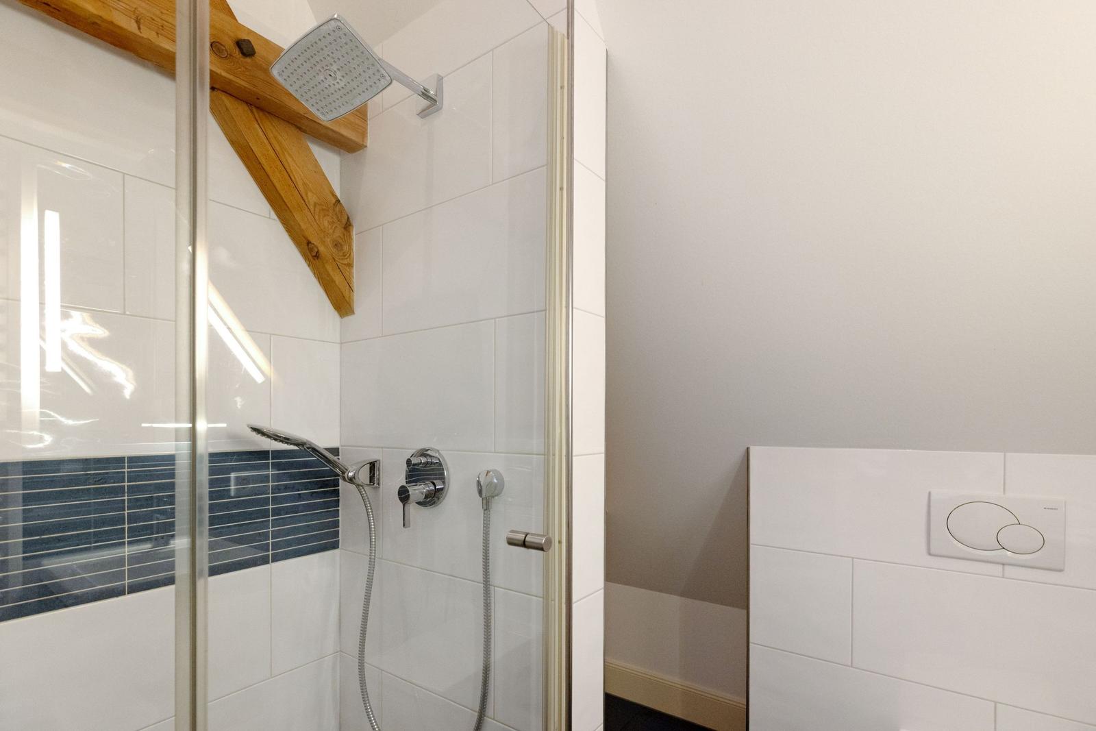 Dusche mit Glaswand, Duschbrause und blauen Fliesen
