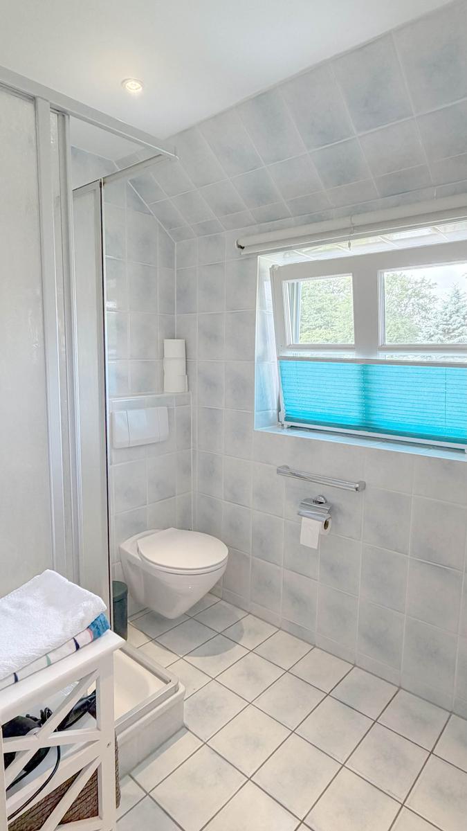 Badezimmer mit Dusche, WC und Fenster mit blauen Jalousien.