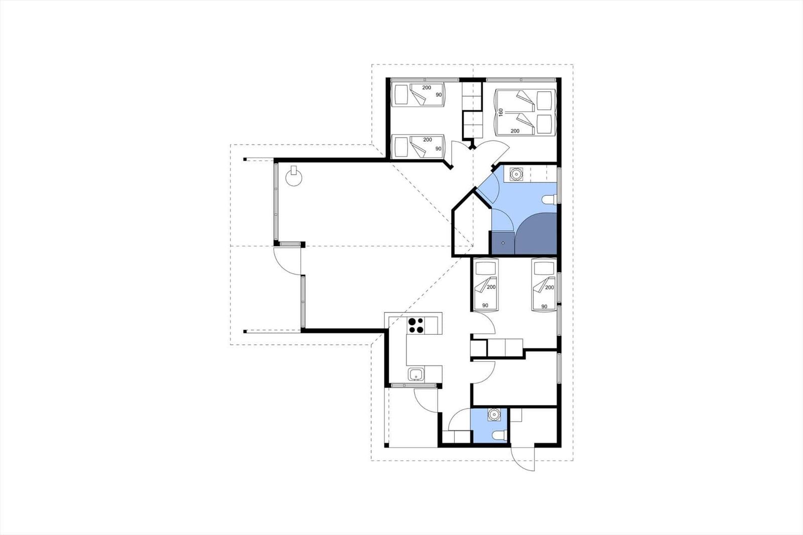 Wohnung mit Küche, Bad und mehreren Schlafzimmern. Flur und Zimmer sind klar markiert.