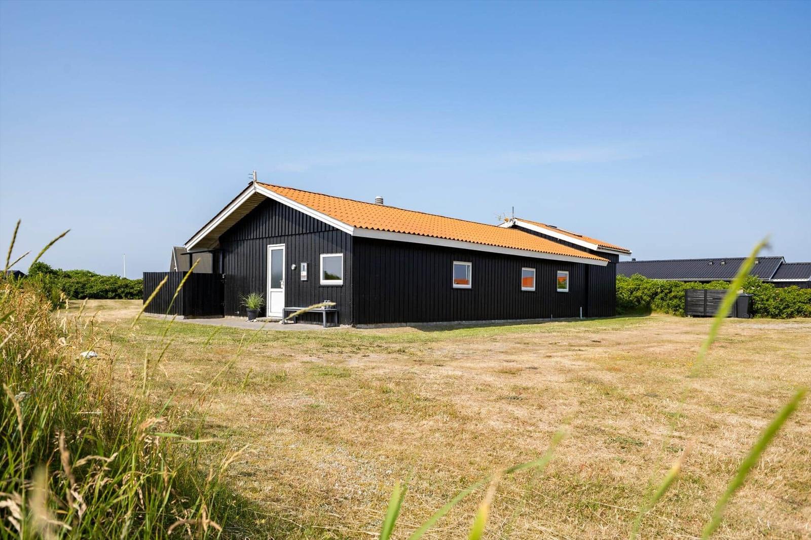 Schwarzes Holzhaus mit orangefarbenem Dach auf grünem Grund.