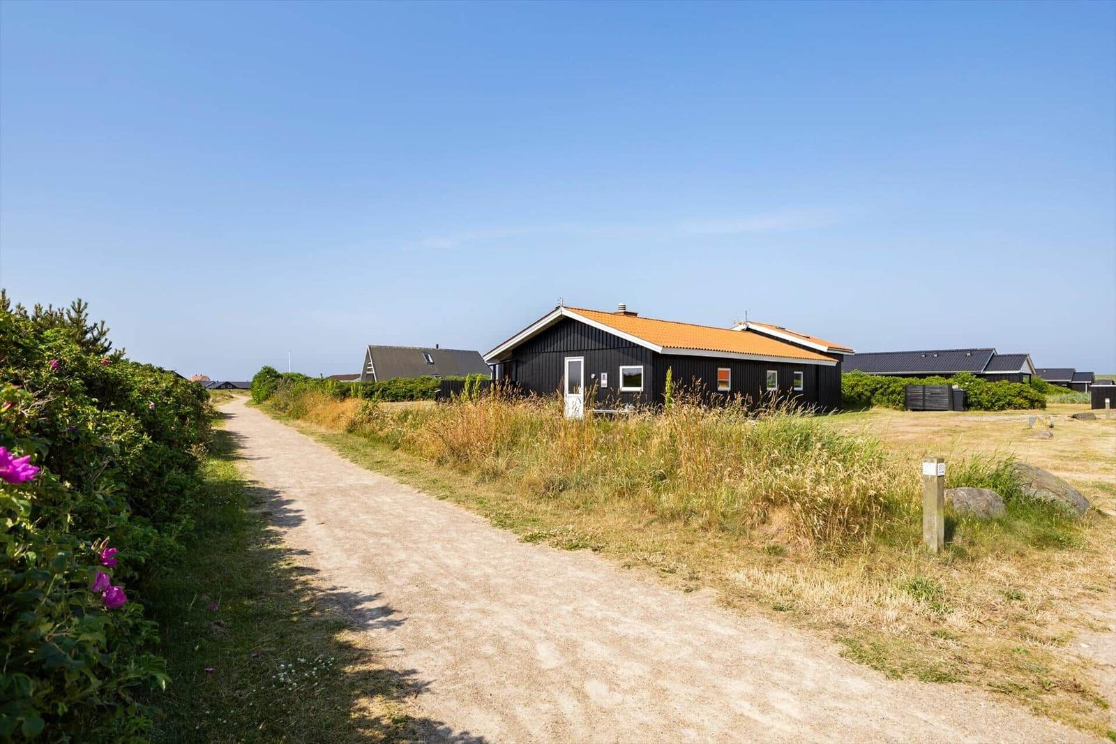 Ein schwarzes Haus mit orangefarbenem Dach steht am Wegrand in der Landschaft.