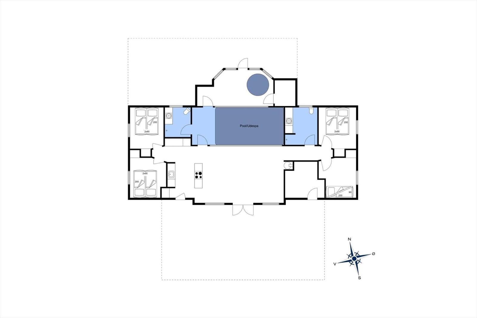 Die Grundrisszeichnung zeigt eine Wohnung mit Pool, drei Schlafzimmern und Küche.